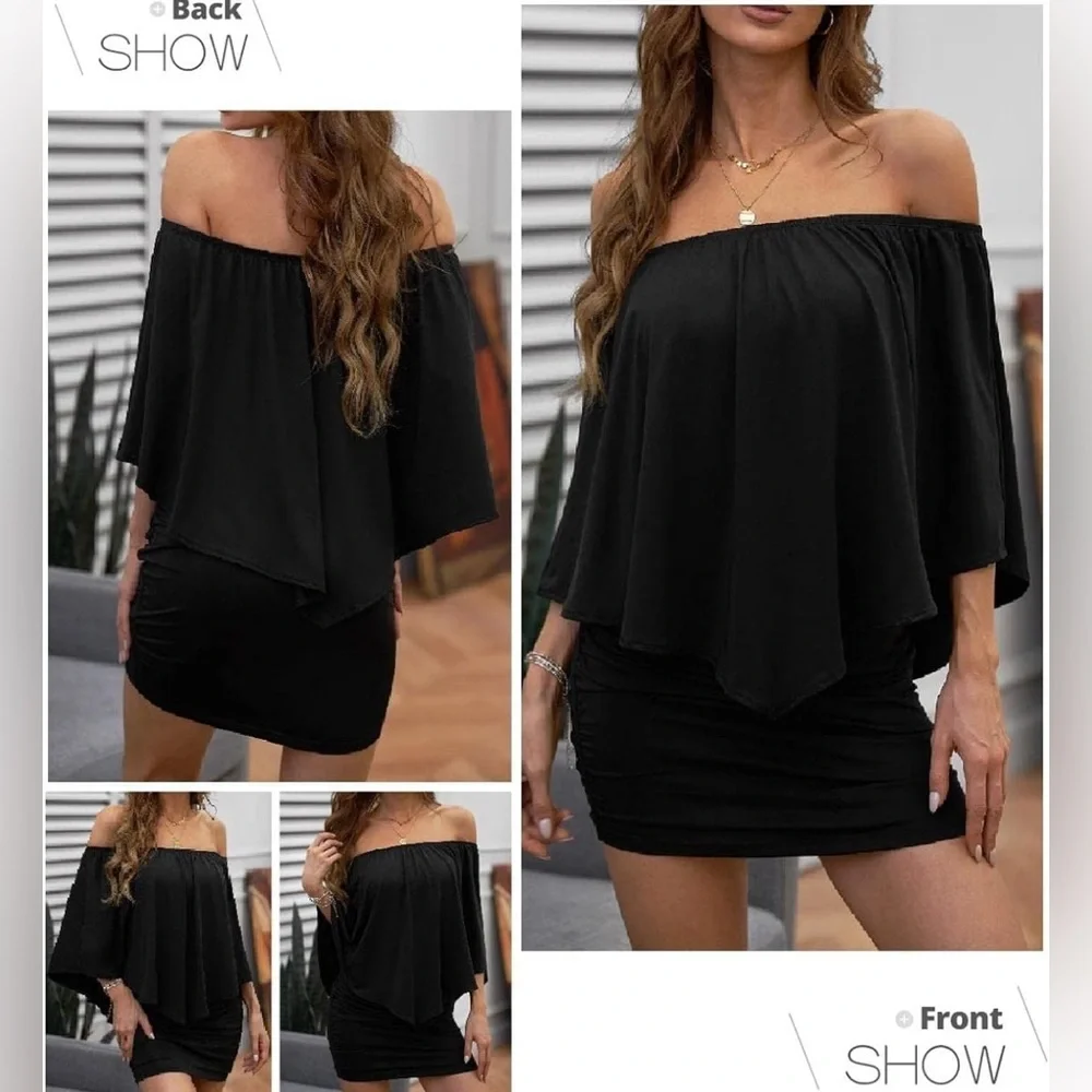 Womens Off Shoulder Ruffles Nigh Club Bodycon Mini Dress